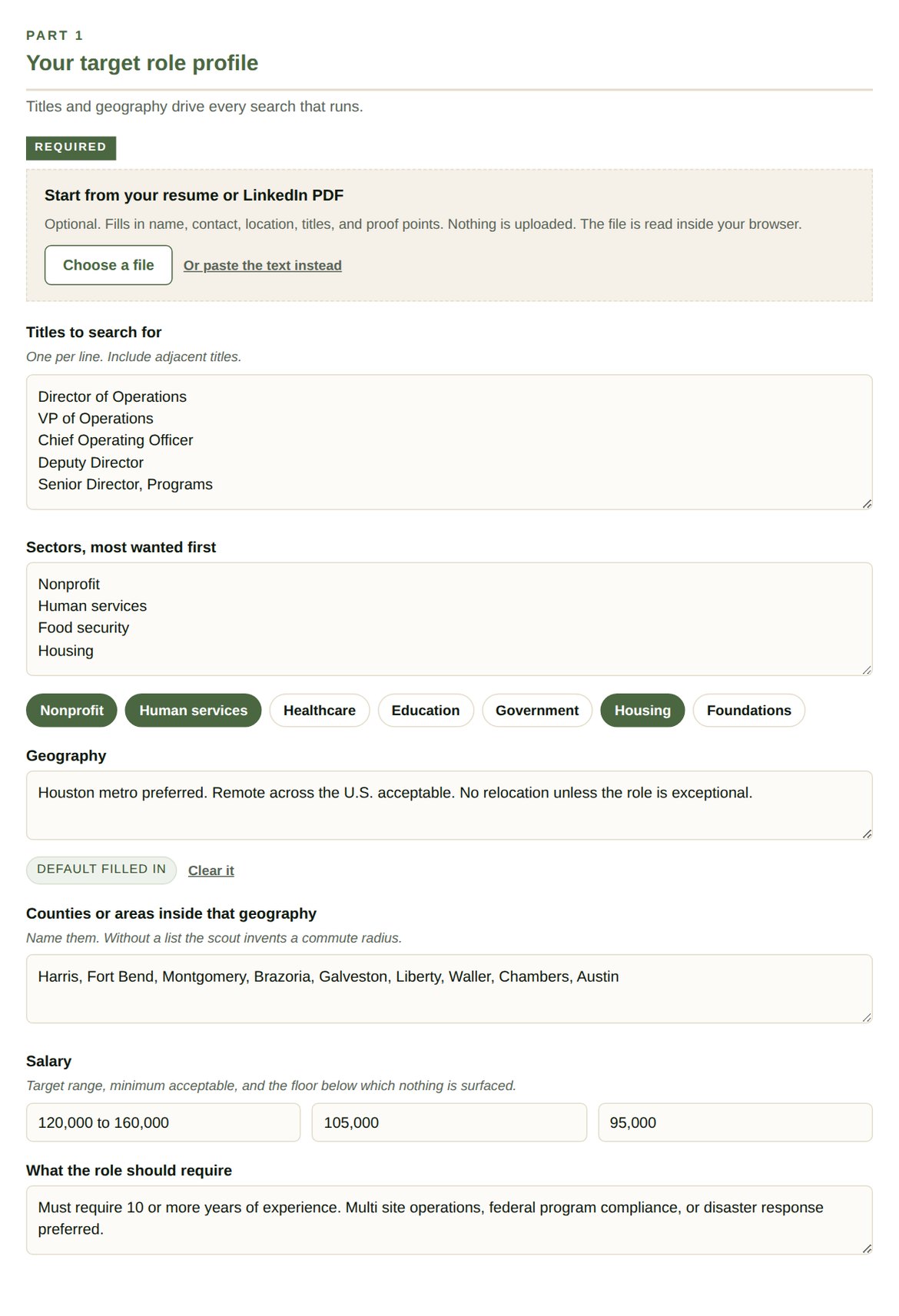 Part 1. The resume import sits at the top, and the floor field is the number the salary gate enforces later.