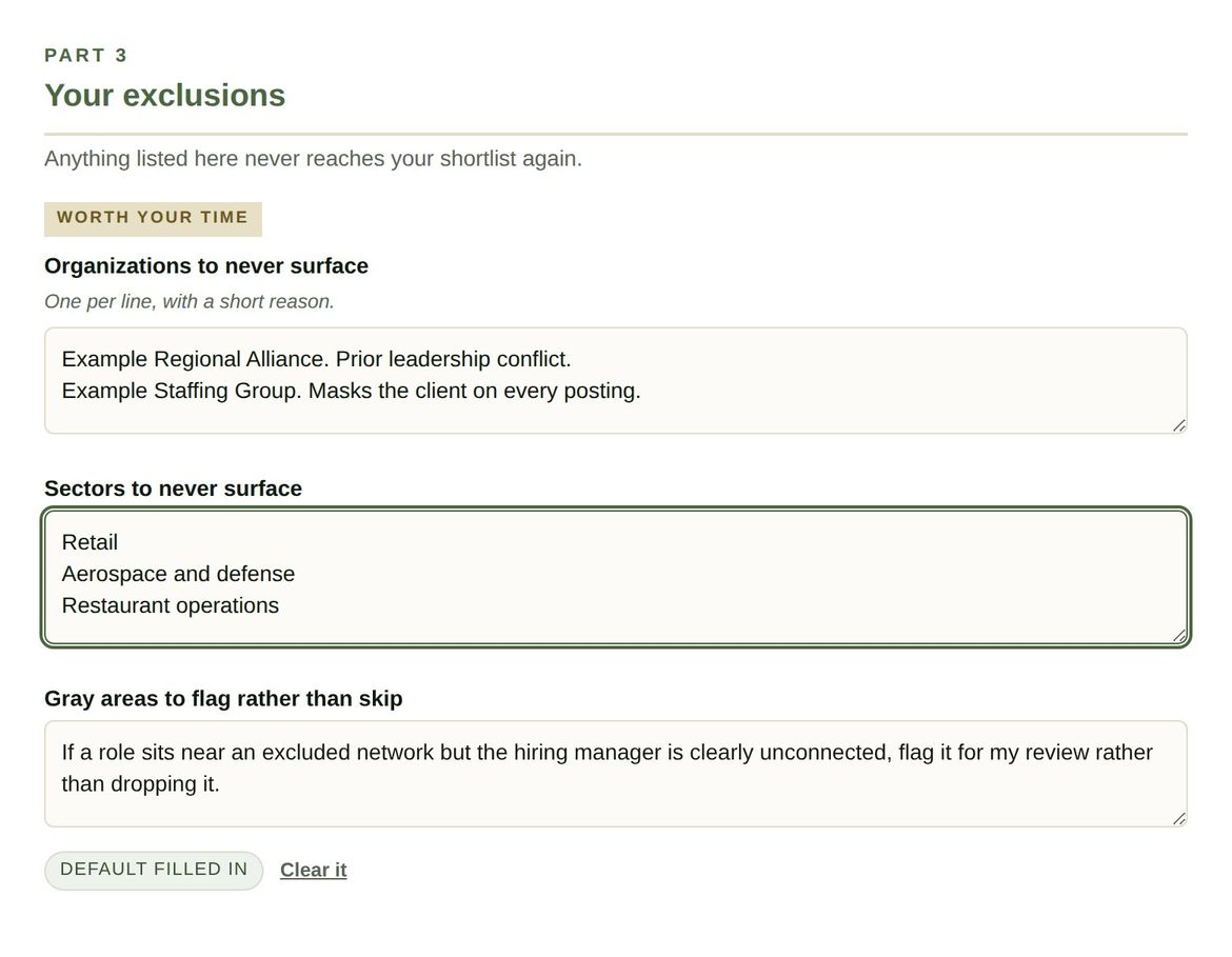 Part 3. Organizations and sectors to never surface, plus the gray area rule.