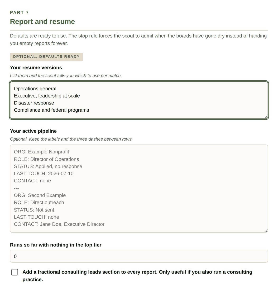 Part 7. Resume versions, pipeline, empty run count, and the fractional leads toggle.