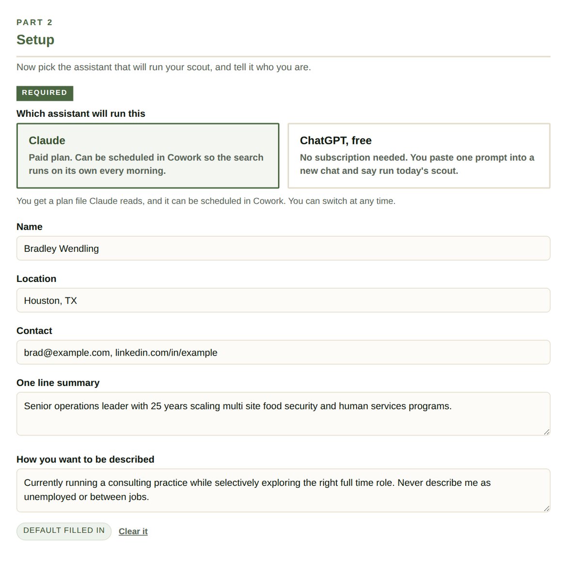 Part 2 in guided mode. The assistant choice and the identity fields.