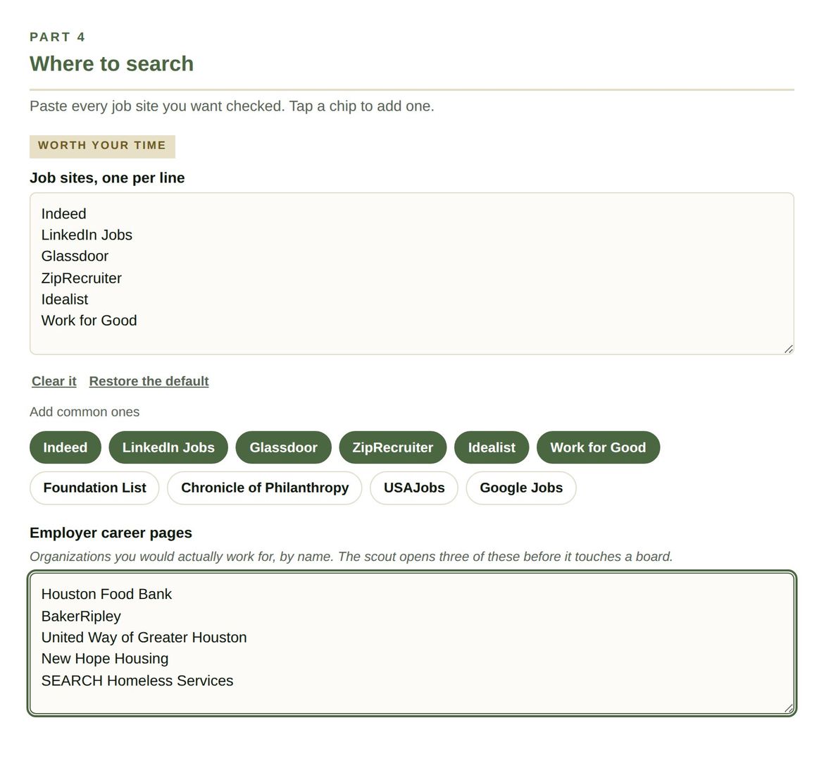 Part 4. One field for every job site, with tap to add chips underneath, and a separate field for employer career pages.