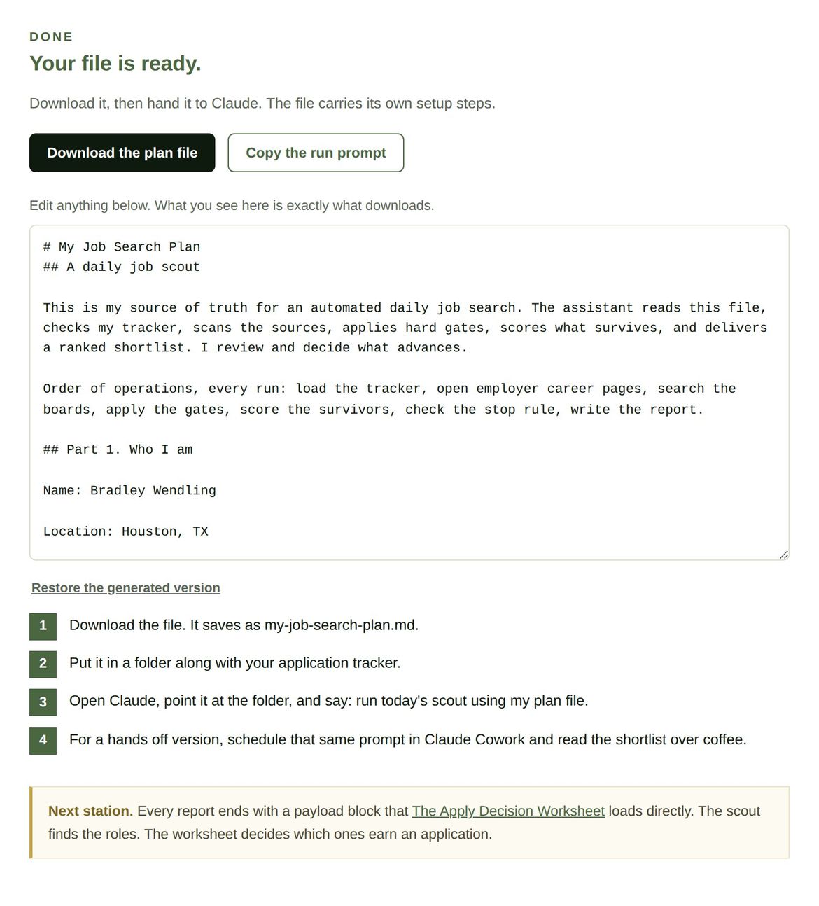 The final screen. Download, an editable copy of the file, and four numbered next steps.