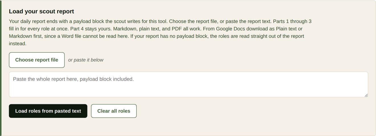 The intake accepts a file or pasted text. The role queue sits underneath and holds one worksheet per role.