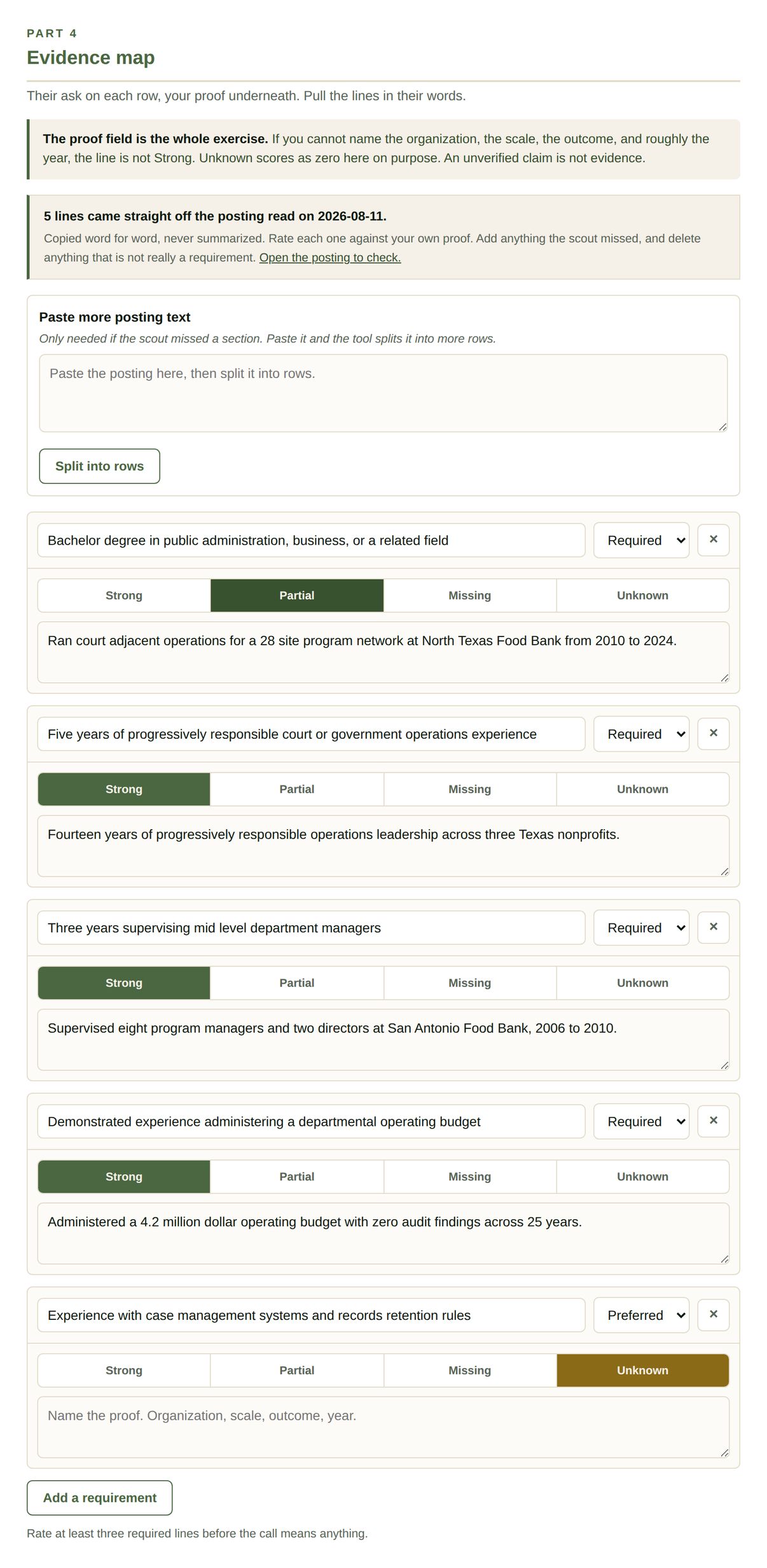 Part 4 with five prefilled requirement lines, four rated and proof named, one left Unknown.