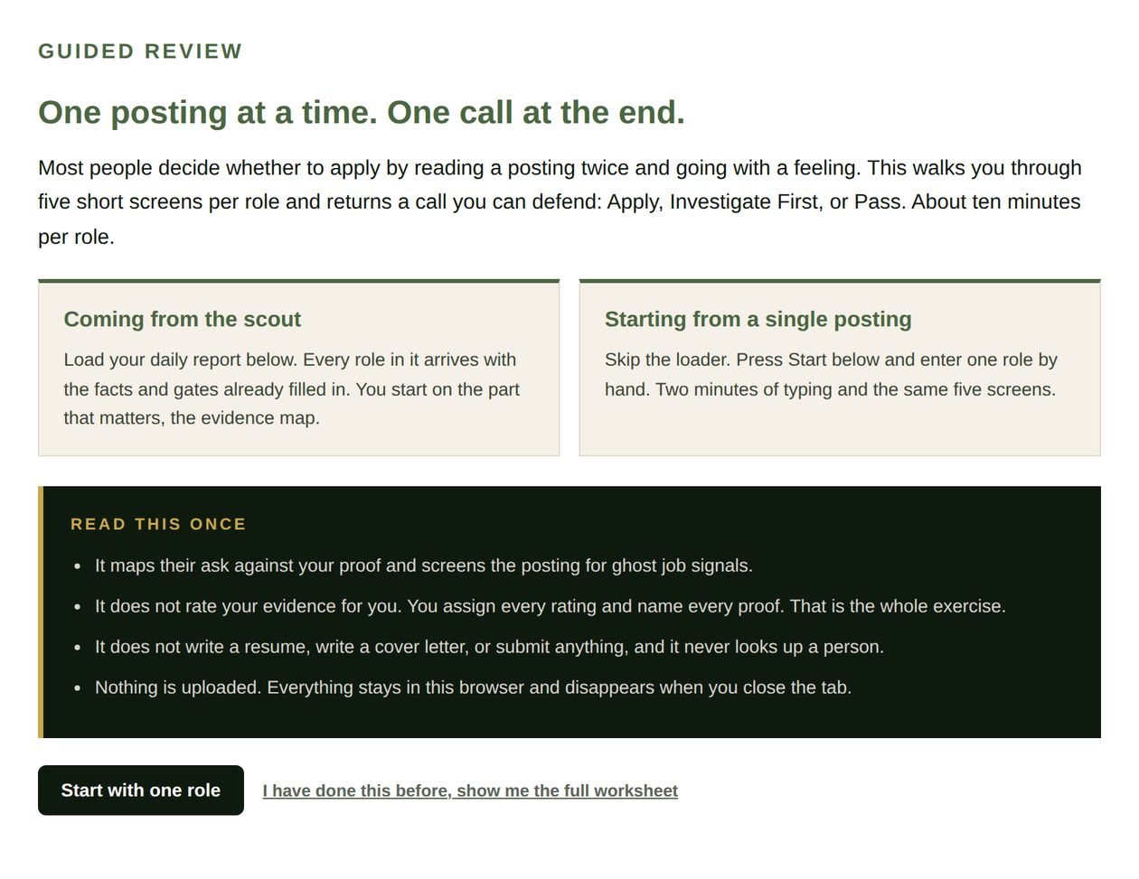 The worksheet start screen. Two paths, and a plain statement of what the tool does and does not do.