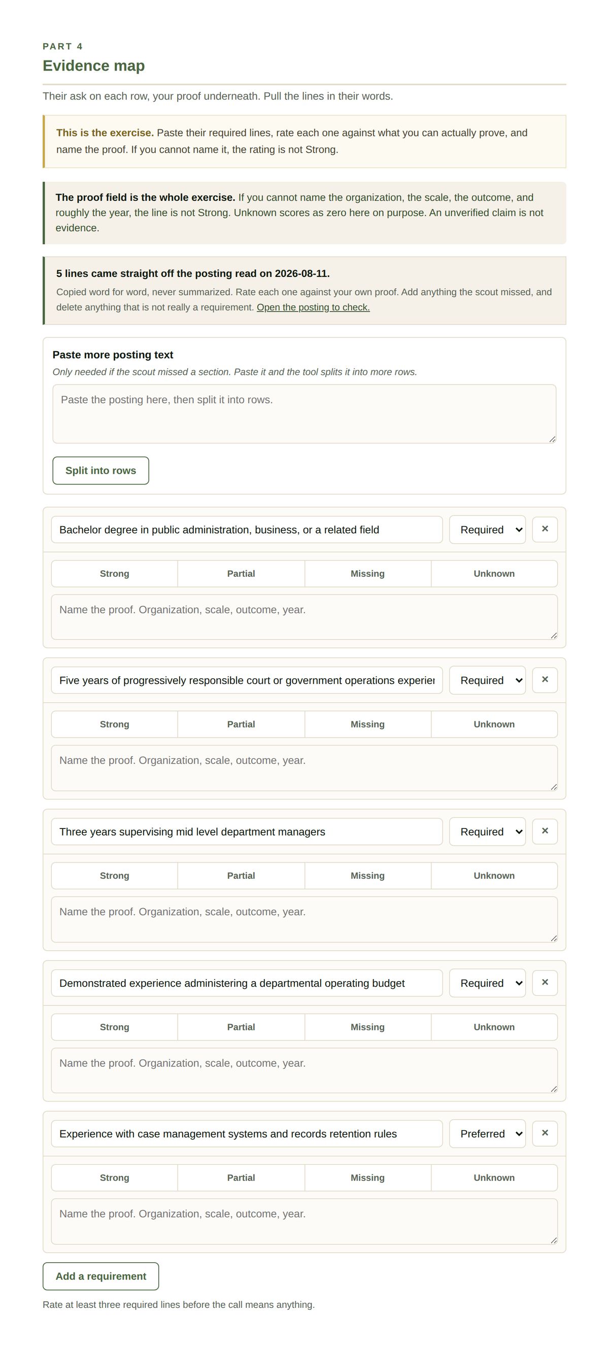 Part 4 in guided mode after loading a report, with the requirement lines already in place.